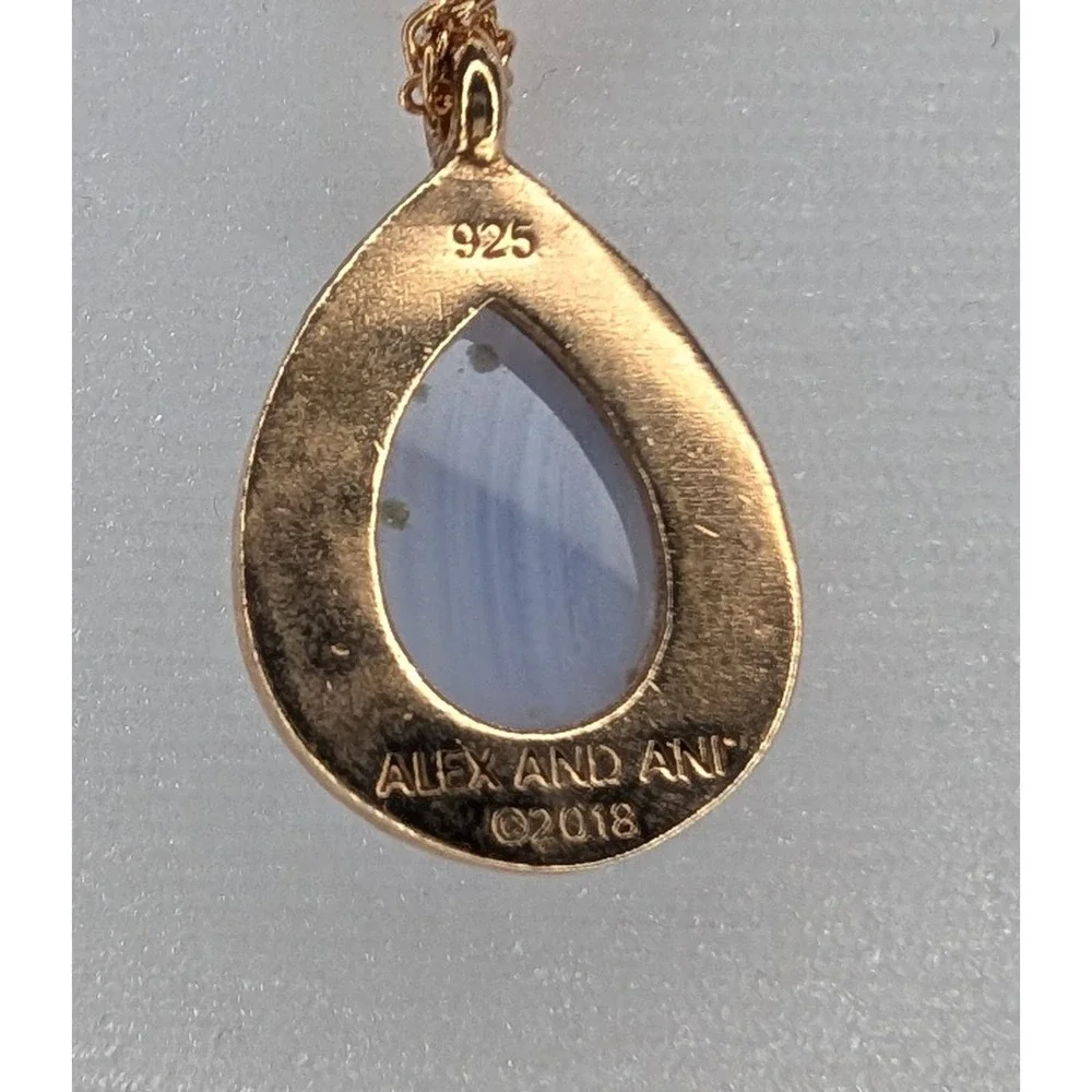 Alex and Ani Blue Lace Agate Teardrop Pendant Necklace 925 Sterling Silver Gold - Picture 2 of 4